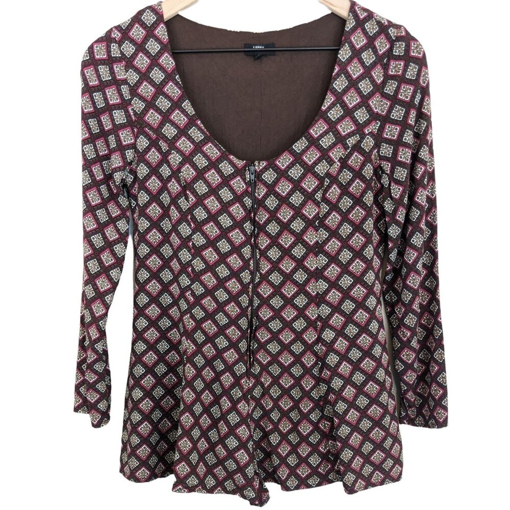 Lucca Urban brown zip front diamond printed long sleeve romper extra small